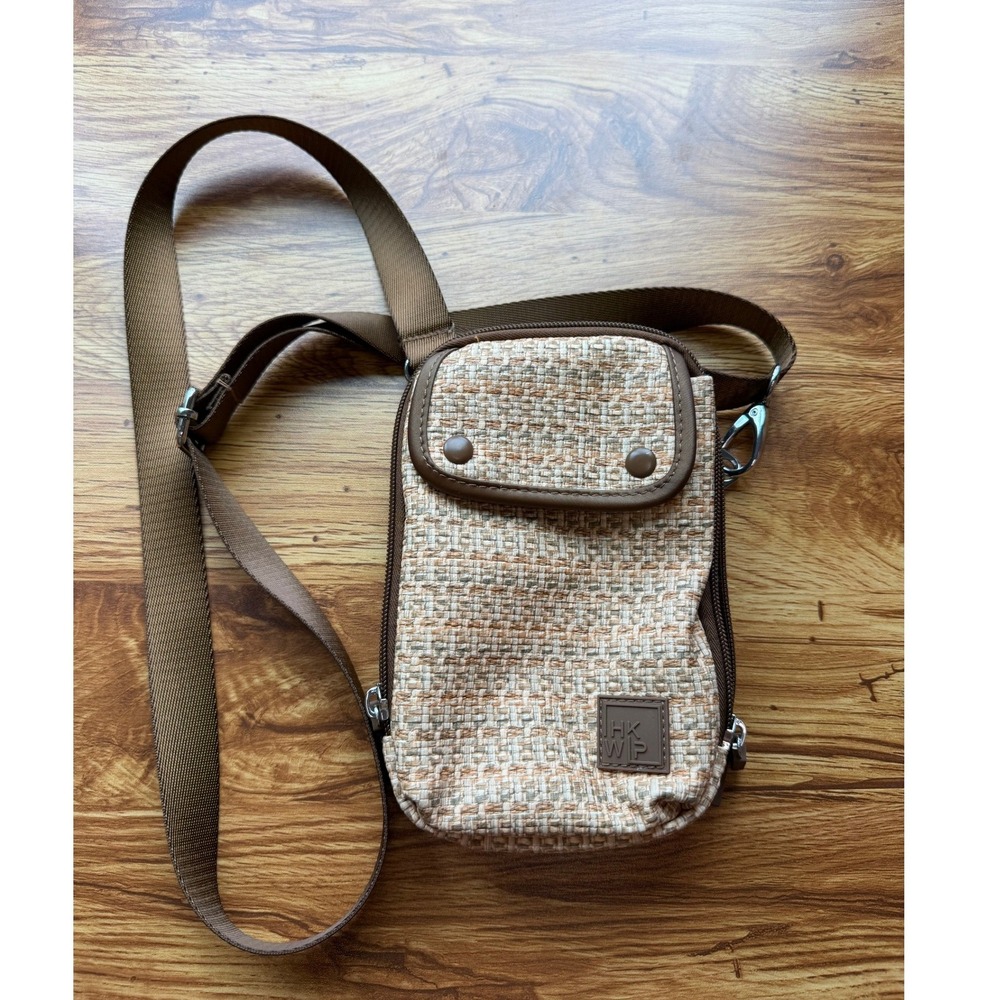 HKWIP Woven Raffia Crossbody Phone Bag Brown Neutral Tech Wallet Travel Purse
